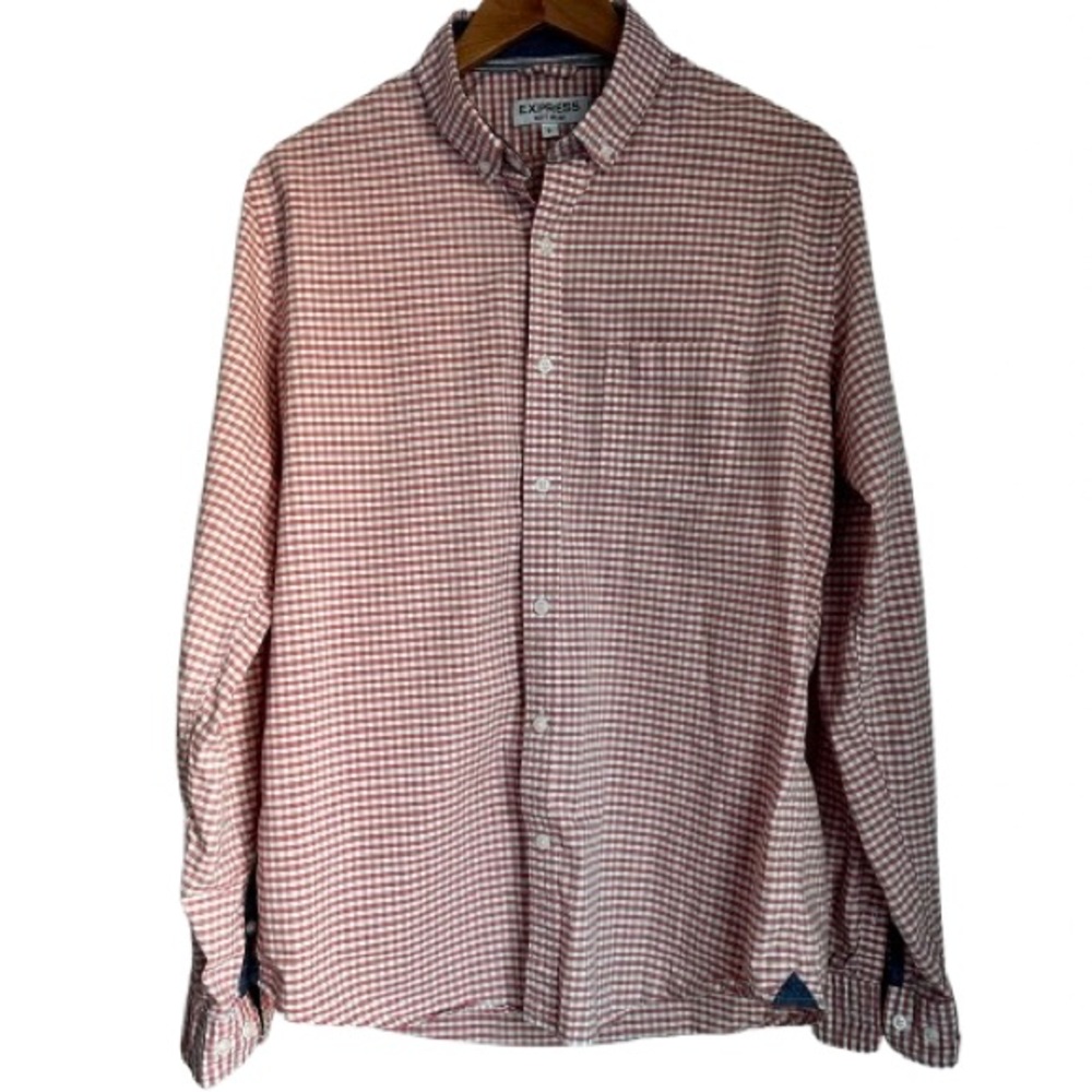 Express Soft Wash Long-Sleeve Gingham Coral Orange And White Men’s Size L Shirt